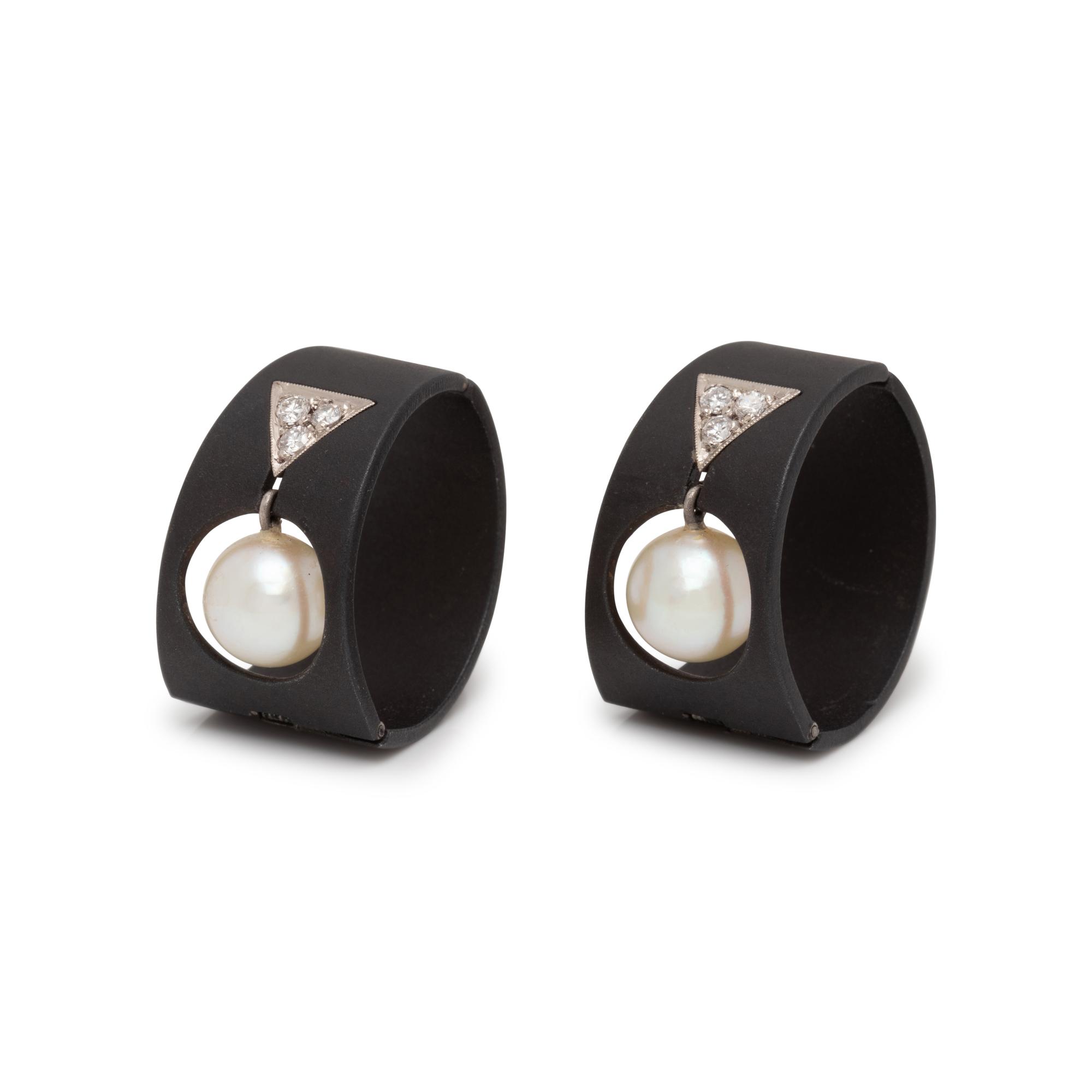 MARSH & CO, ART MODERNE, BLACKENED STEEL, CULTURED PEARL AND DIAMOND EARCLIPS