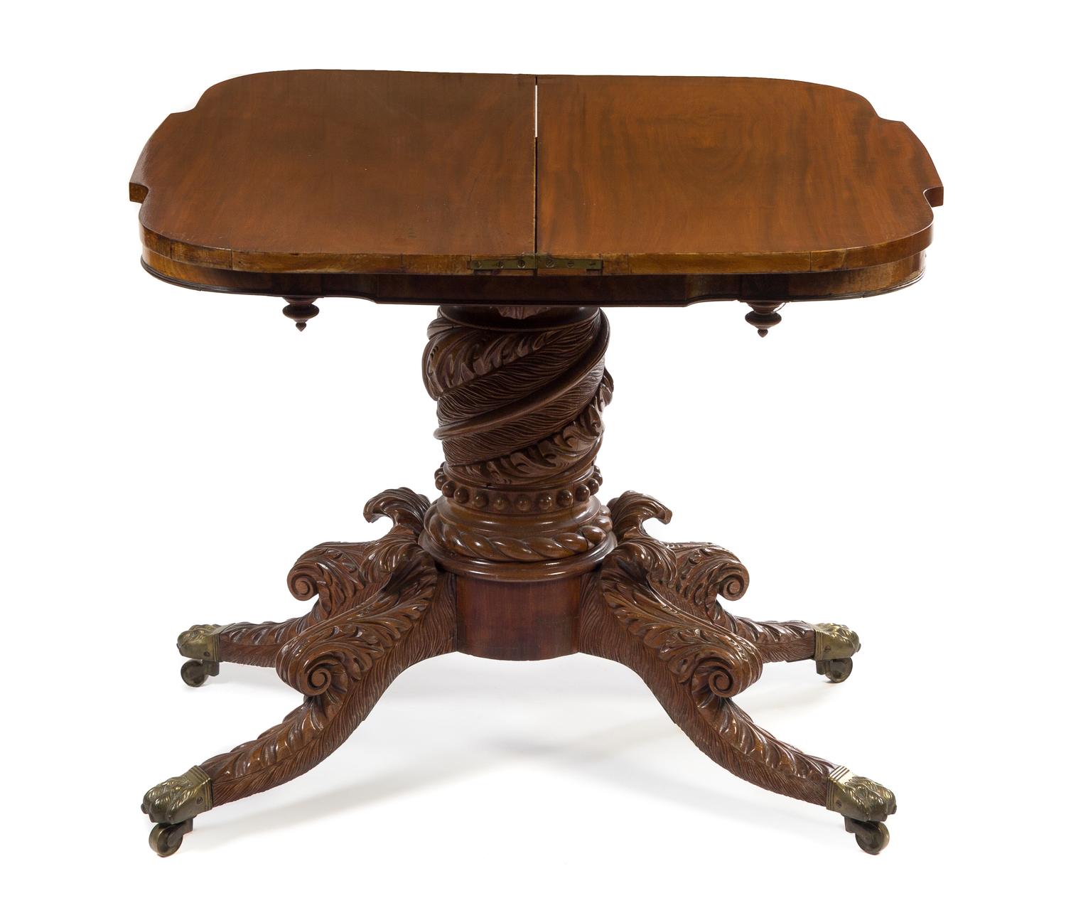 An American Classical Mahogany Flip-Top Table Height 31 x width 36 x depth 17 3/4 inches. — MID-19TH CENTURY