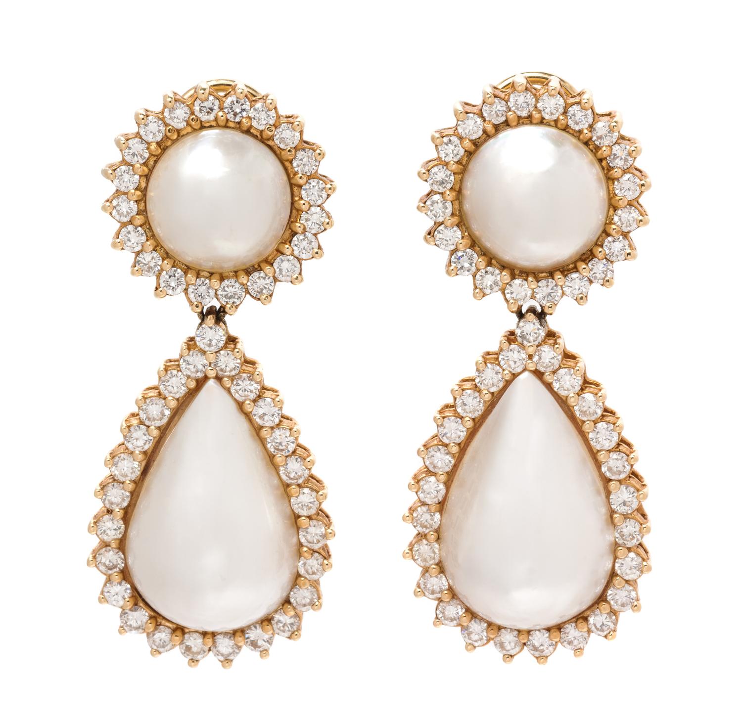 A Pair of Yellow Gold, Cultured Mabe Pearl and Diamond Earclips, 16.50 dwts.