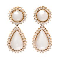 A Pair of Yellow Gold, Cultured Mabe Pearl and Diamond Earclips, 16.50 dwts.