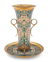 A French Brass and Champlevé Enamel Vase and Attached Underplate
