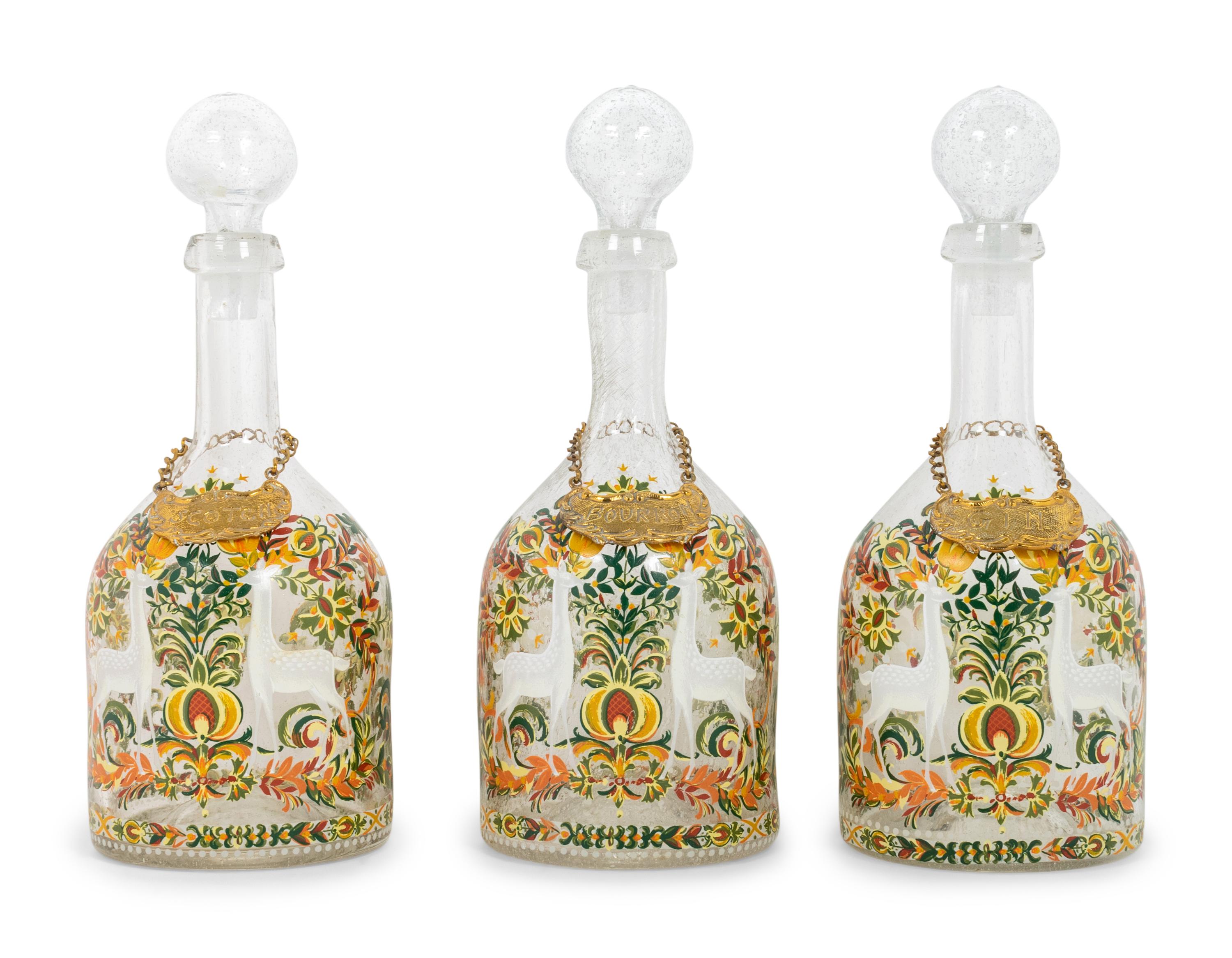 Three German Enameled Glass Decanters