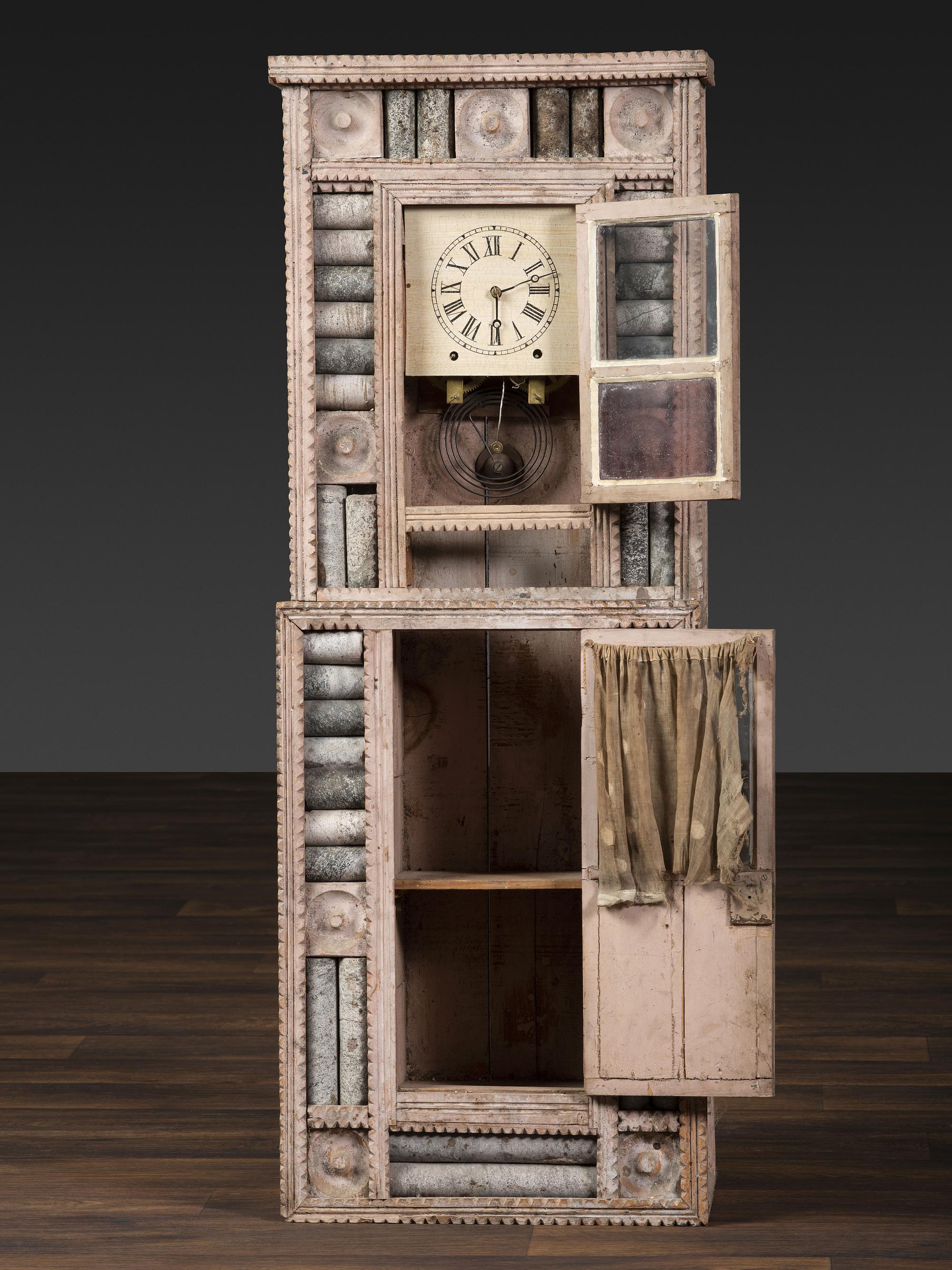 A Folk Art Granite Carved and Painted Wood Shelf Clock