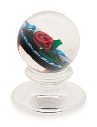 A Charles Kaziun Jr. Red Spider Lily on Blue Aventurine Ground Miniature Tilted Pedestal Glass Paperweight
