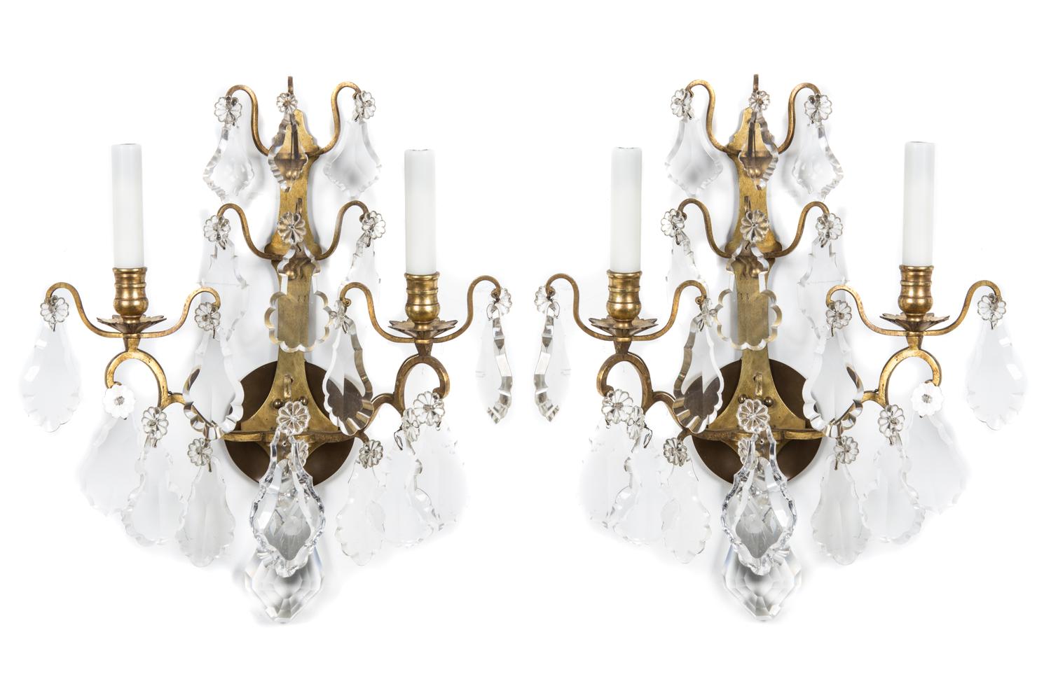A Pair of French Brass Two-Light Sconces Height 18 3/4 inches.