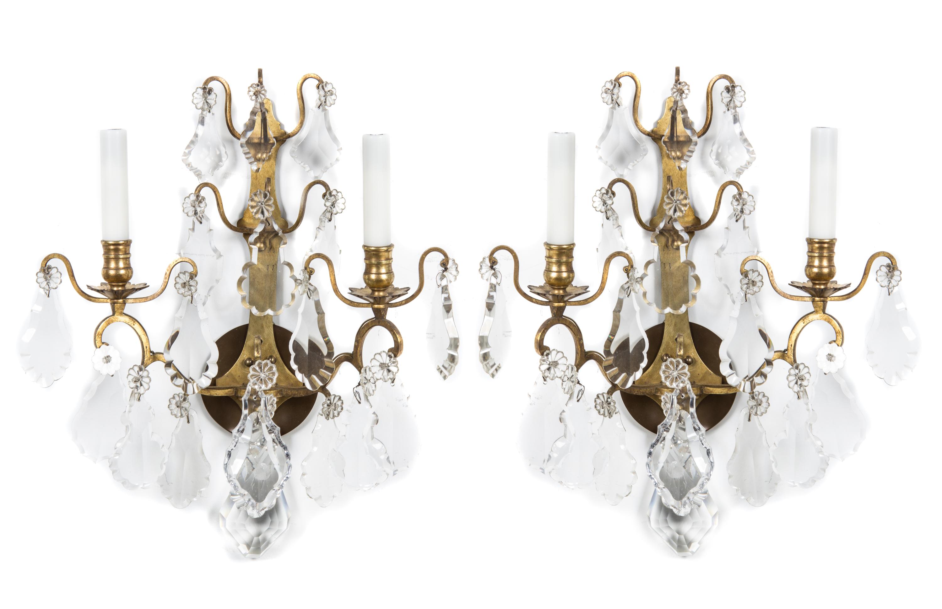 A Pair of French Brass Two-Light Sconces Height 18 3/4 inches.