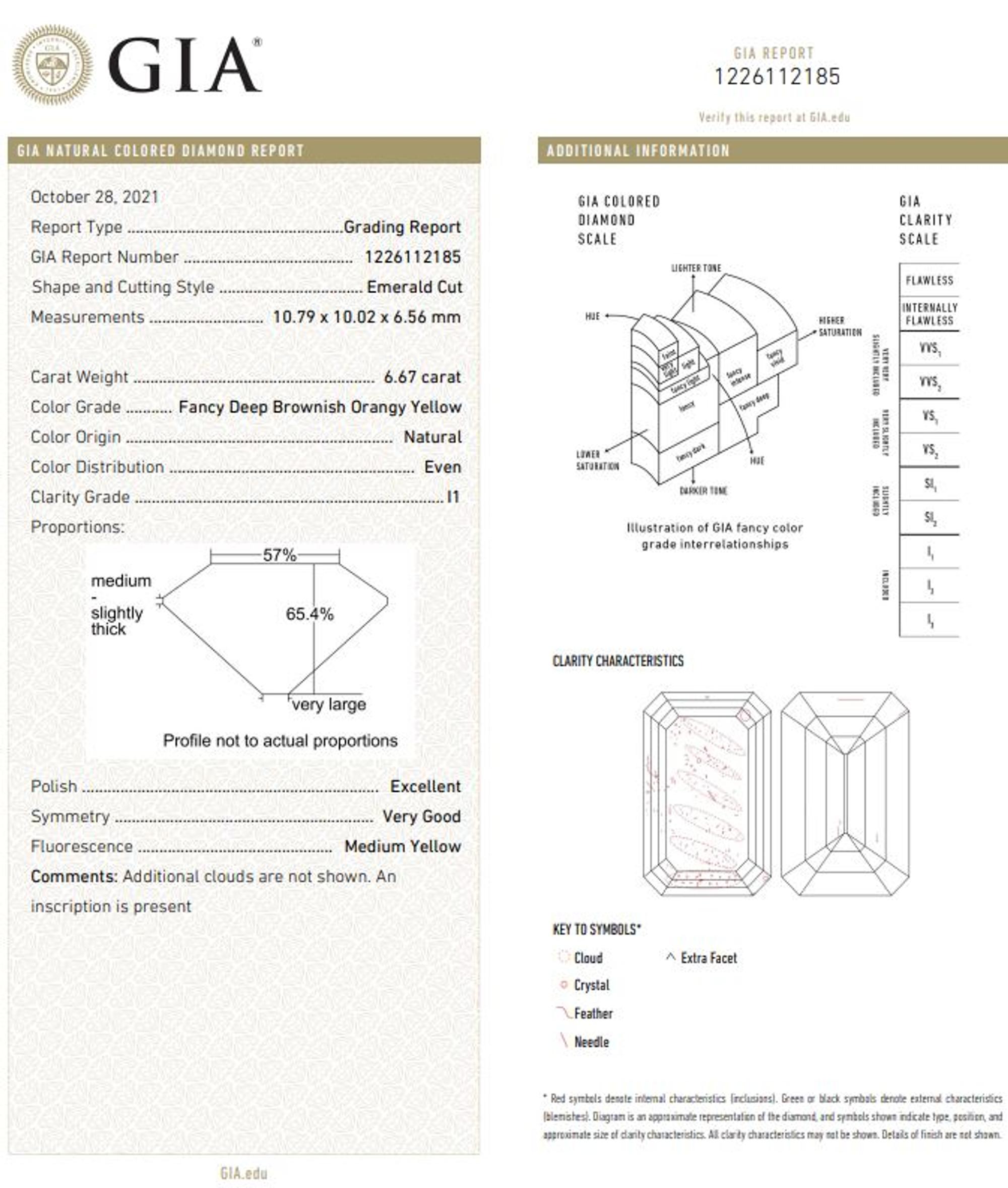 6.67 CARAT EMERALD CUT FANCY DEEP BROWNISH ORANGY YELLOW DIAMOND