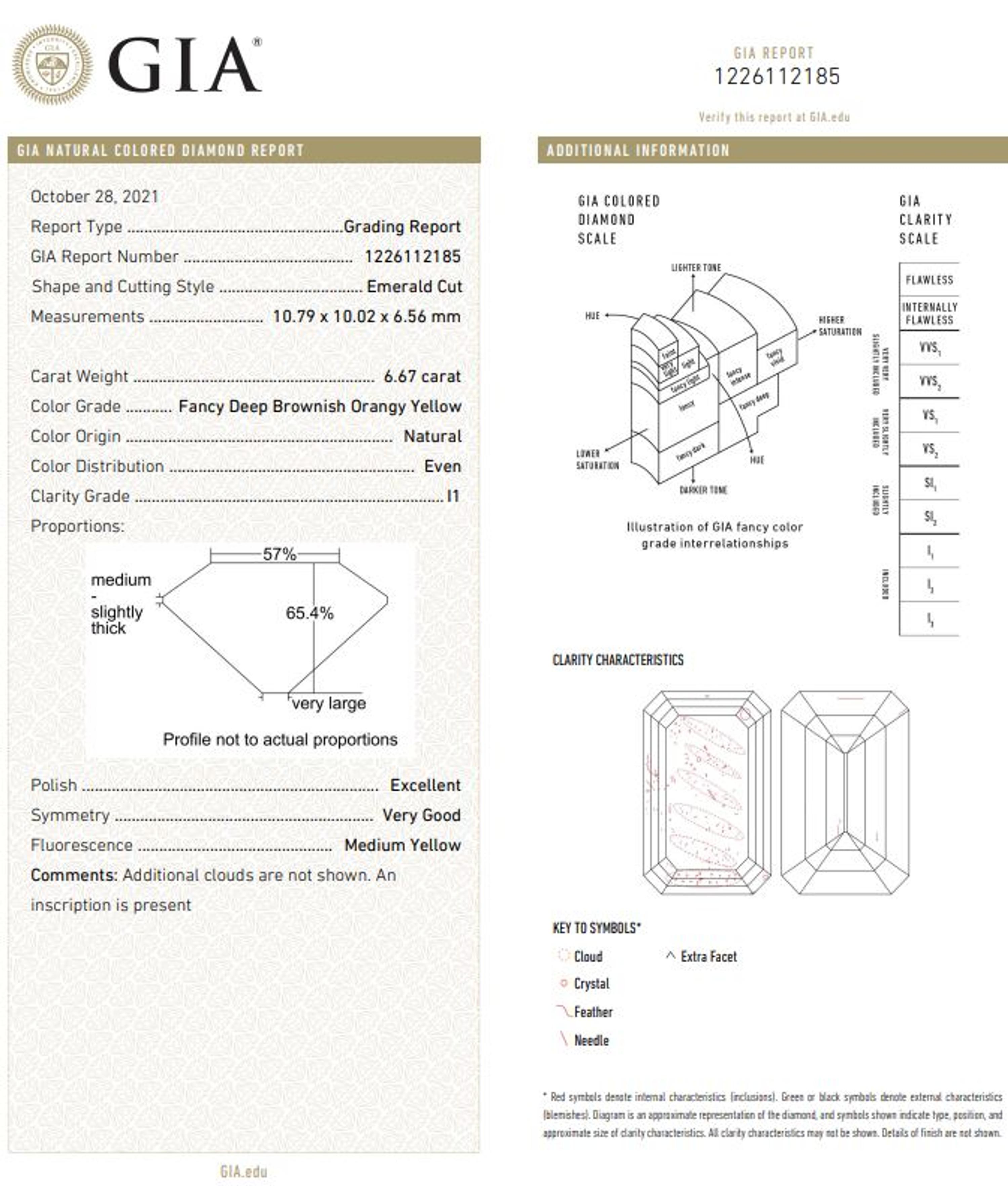 6.67 CARAT EMERALD CUT FANCY DEEP BROWNISH ORANGY YELLOW DIAMOND