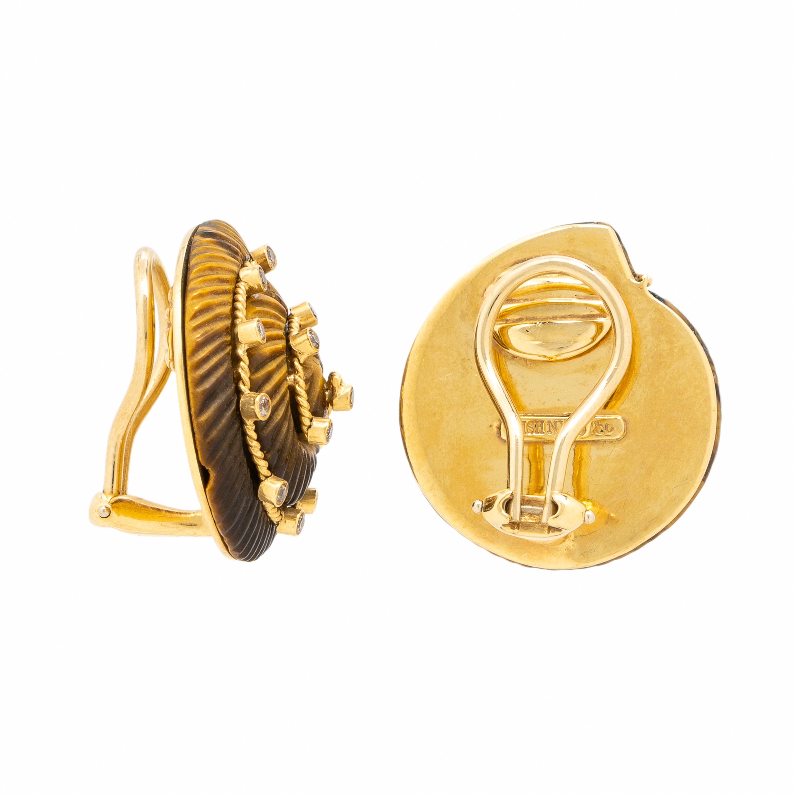 Mish, 'Cabana', Tiger's Eye Quartz, Colored Diamond, and Yellow Gold Earrings