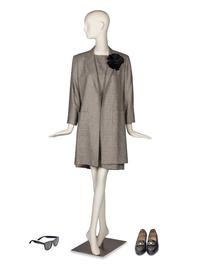 A Custom Glen Plaid Two Piece Suit, Salvatore Ferragamo Shoes, A Pair of Clinton-Gore Sunglasses, and Black Floral Brooch