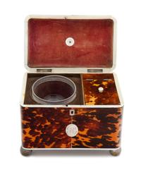 An English Silver Inlaid Tortoise Shell Tea Caddy Height 8 1/2 x width 8 x depth 4 3/4 inches. — 19TH CENTURY