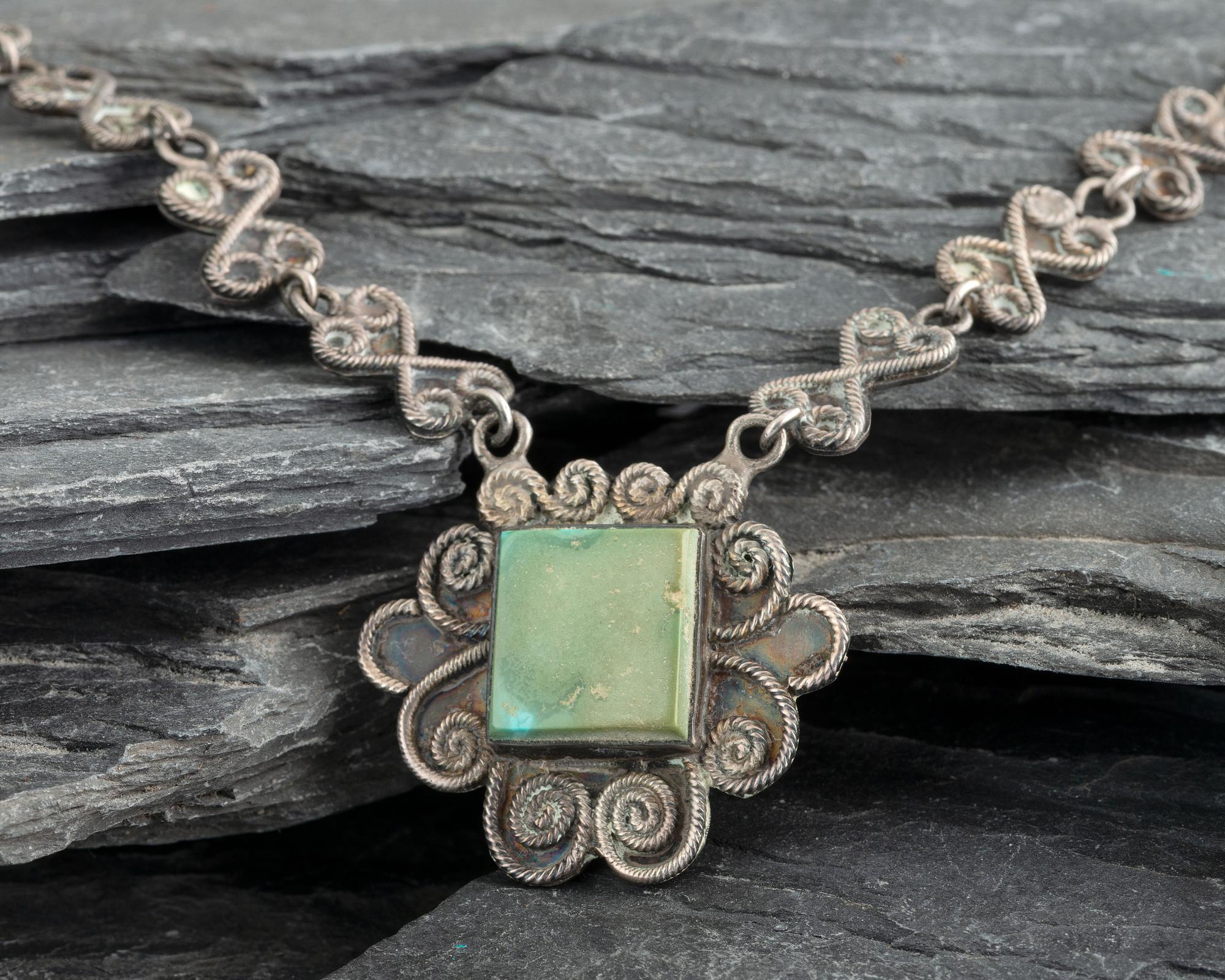 Navajo or Pueblo Silver Filagree and Turquoise Necklace