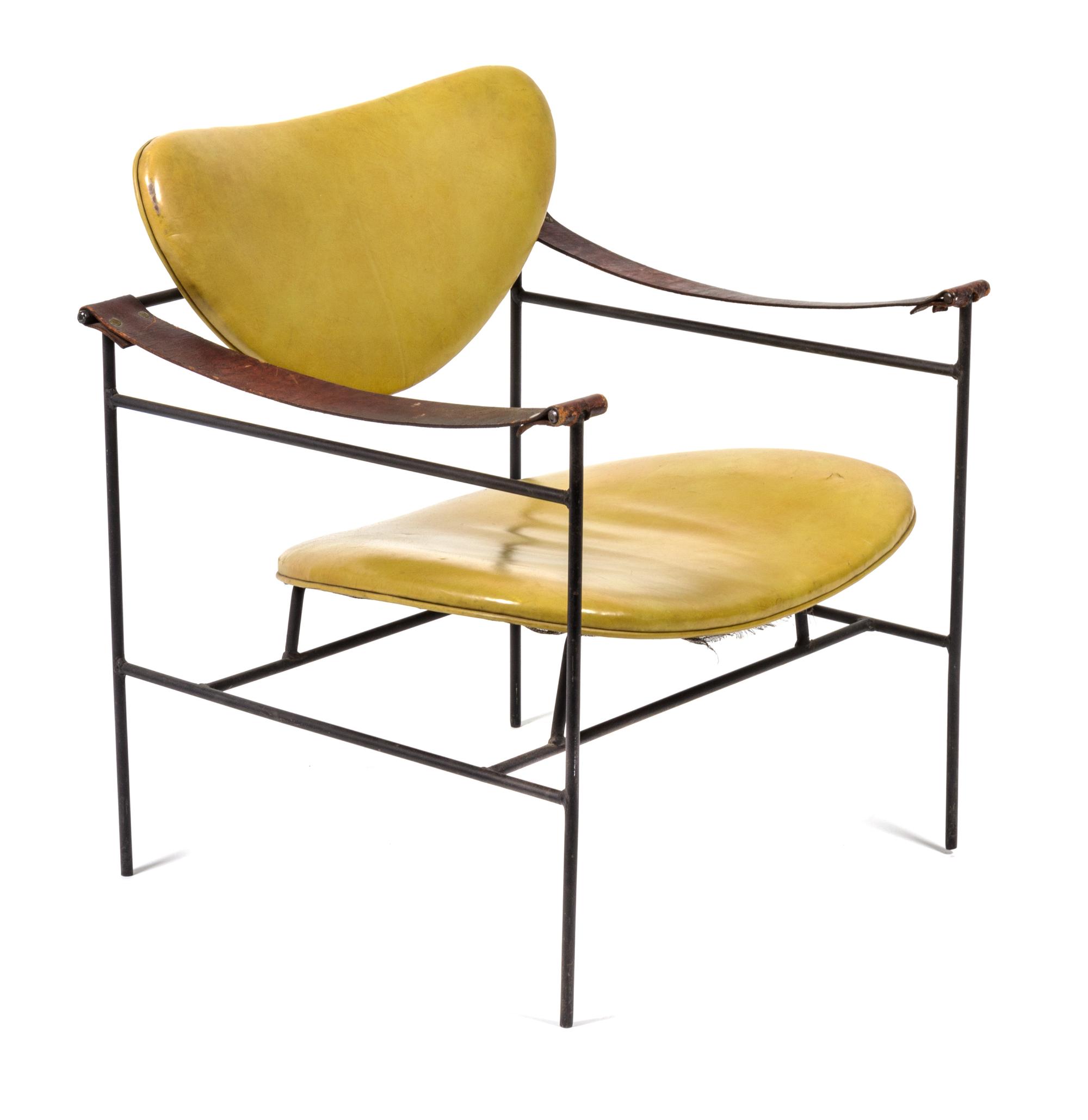Wrought Iron and Upholstered Safari Lounge Chair Height 29 1/4 x width 26 1/4 x depth 24 inches.