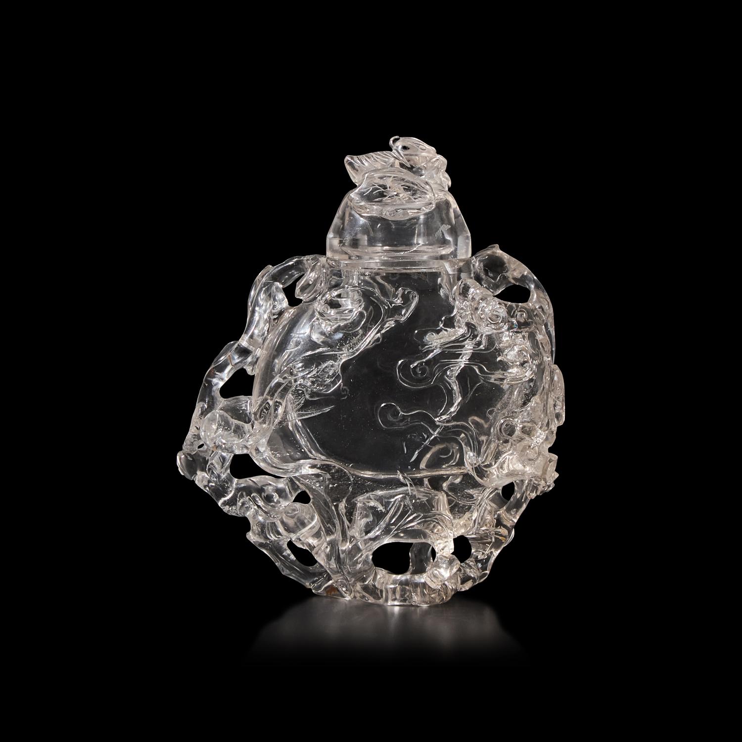 A Chinese Rock Crystal Vase and Cover Carved with Clouds, 20th Century 近代 高浮雕螭龍紋水晶扁壺