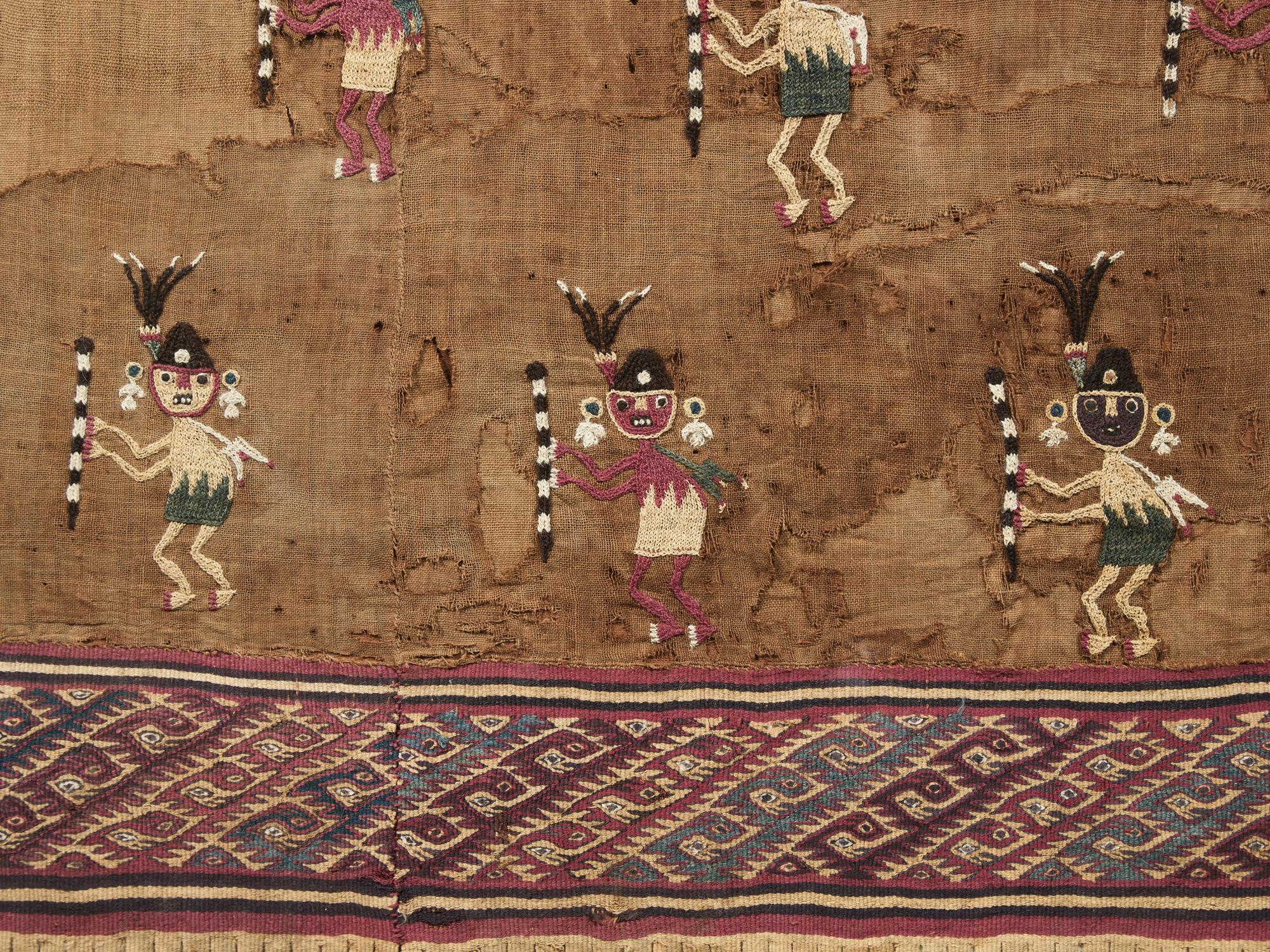 A Huari Pativilca Embroidered Breechcloth Section with Staff-Bearing Warriors