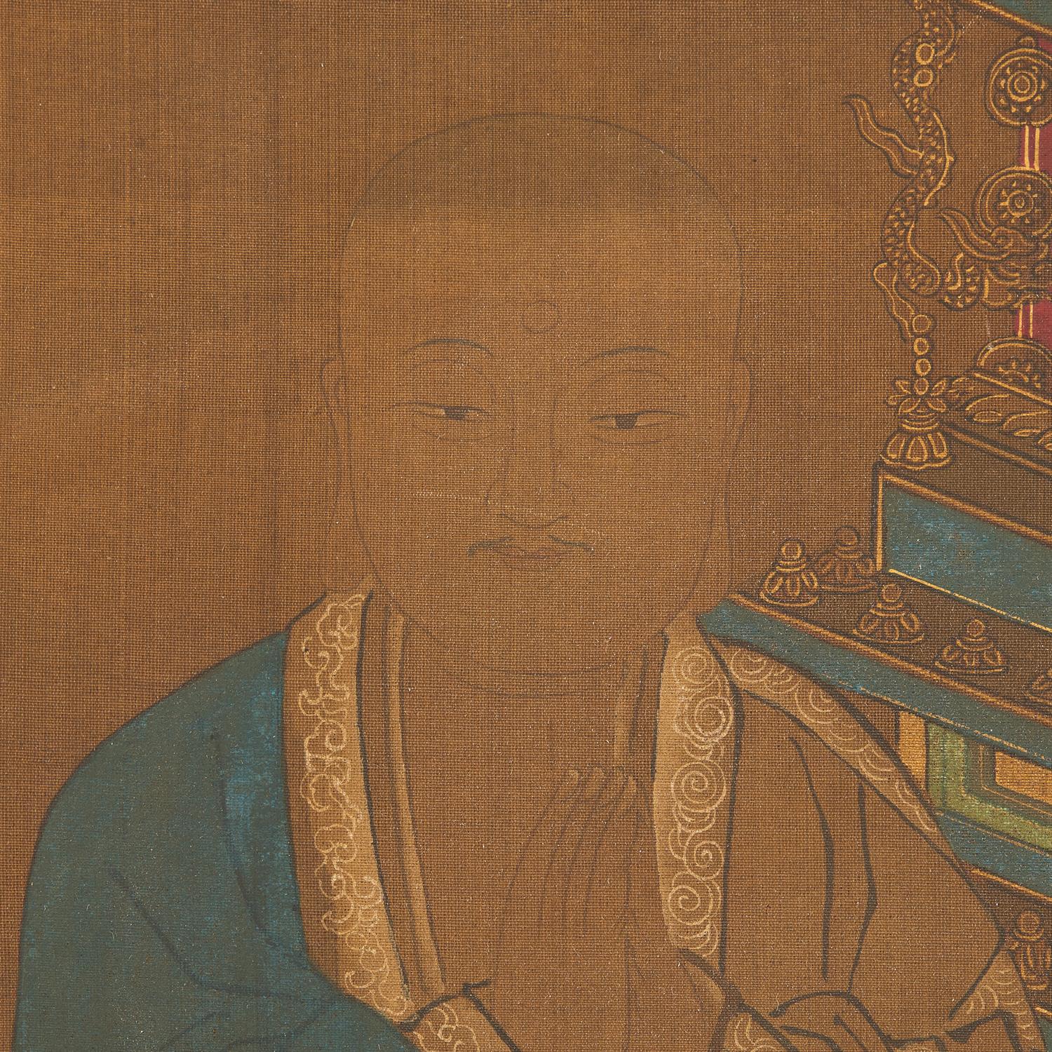 Chinese School, Seated Buddha with Two Attendants, Late Ming-Early Qing Dynasty, 明末清初 絹本設色如來佛像
