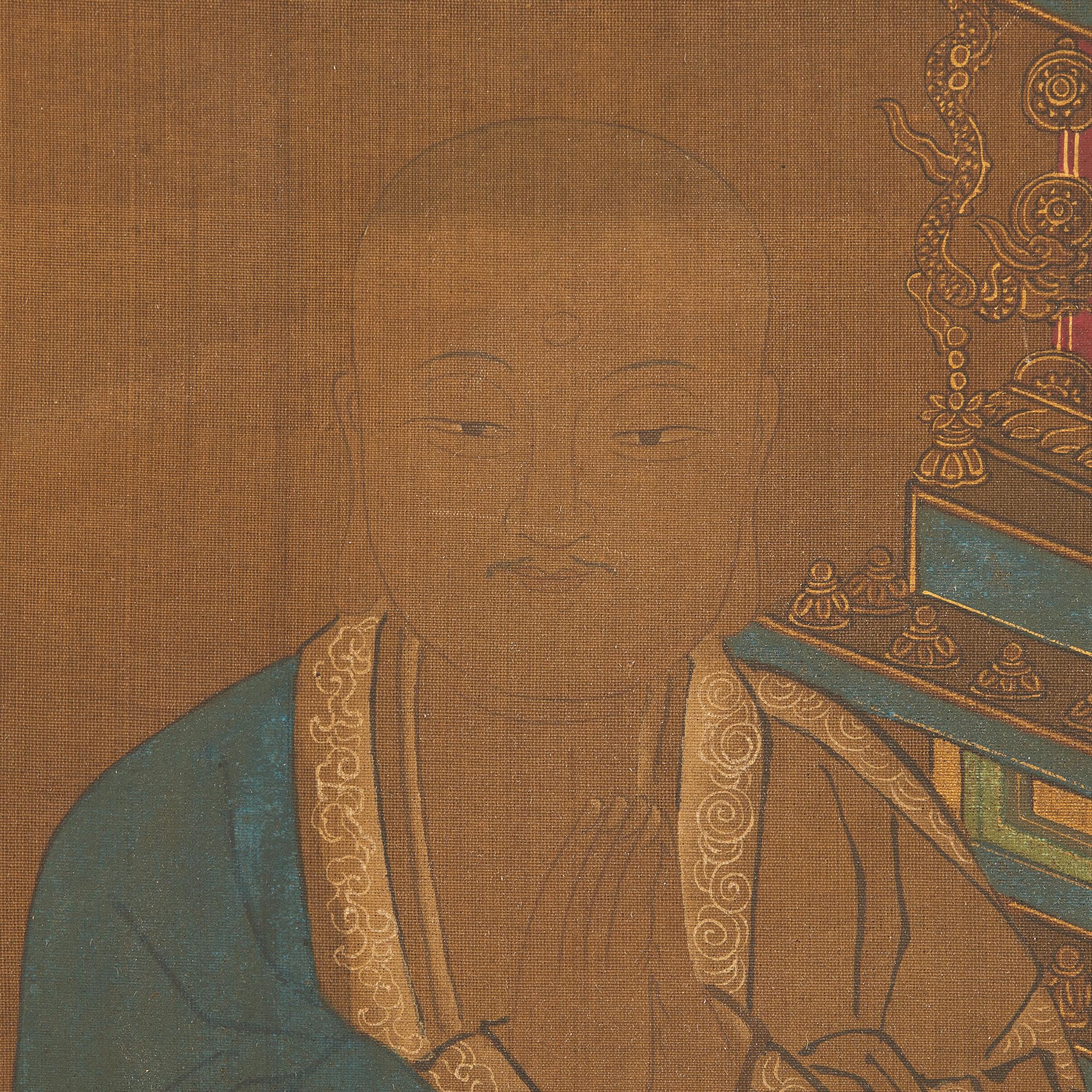 Chinese School, Seated Buddha with Two Attendants, Late Ming-Early Qing Dynasty, 明末清初 絹本設色如來佛像