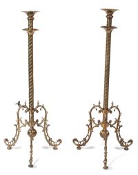A Pair of Brass Pricket Sticks Height approximately 40 inches. — 20TH CENTURY