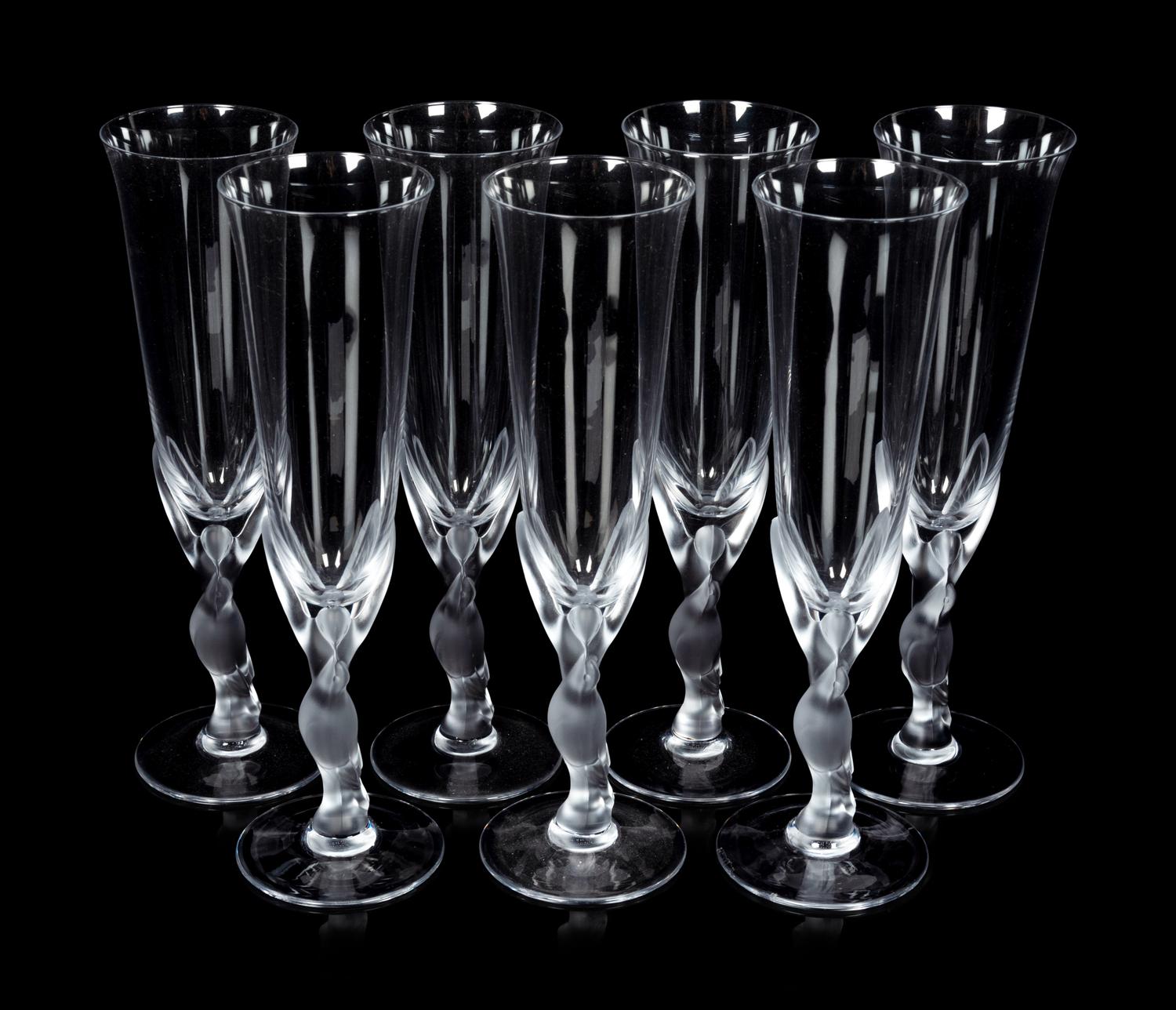 A Set of Eight Igor Carl Fabergé Kissing Doves Champagne Flutes