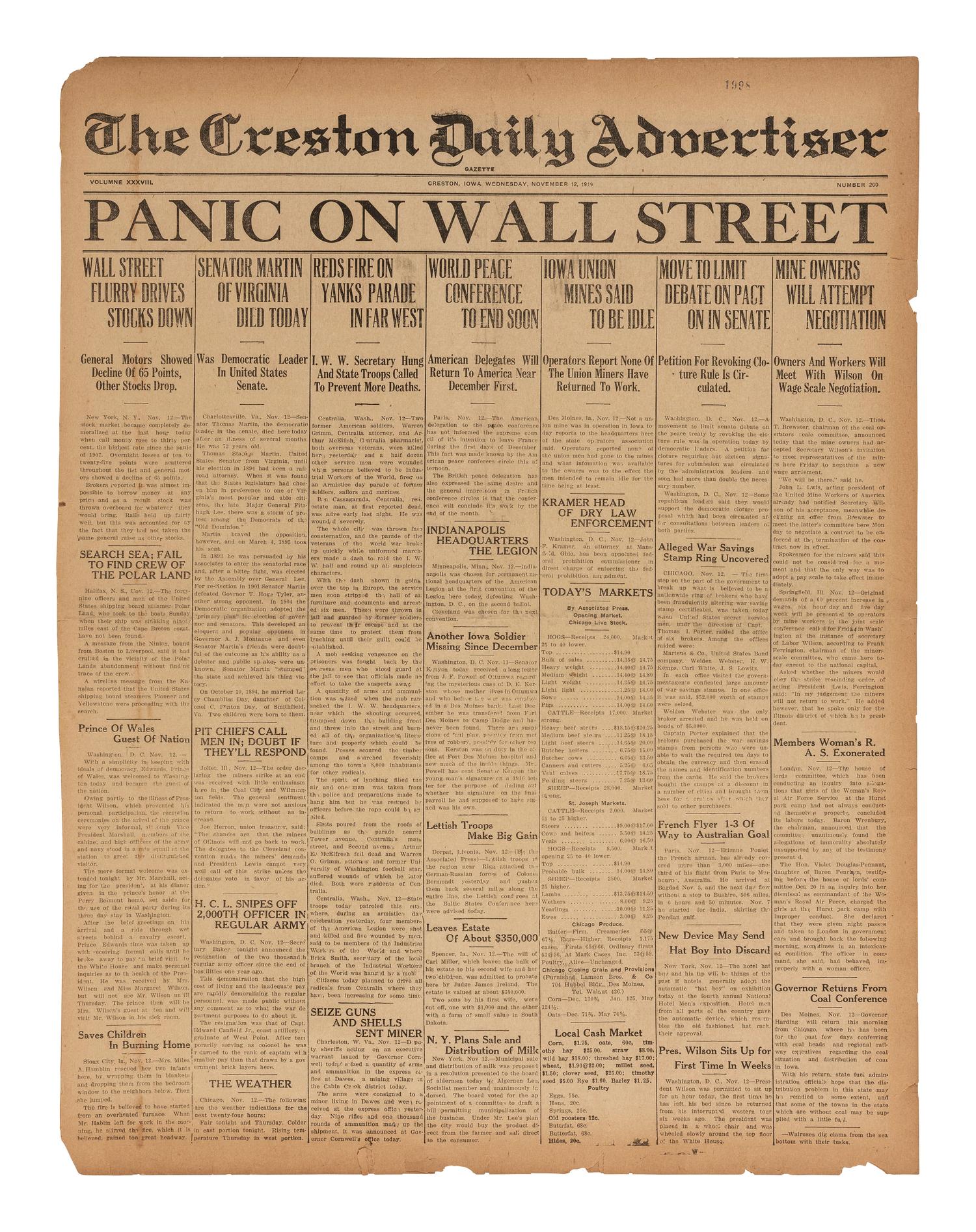 [STOCK MARKET CRASH OF 1919]. Creston Daily Advertiser . Creston, IA: 12 November 1919.
