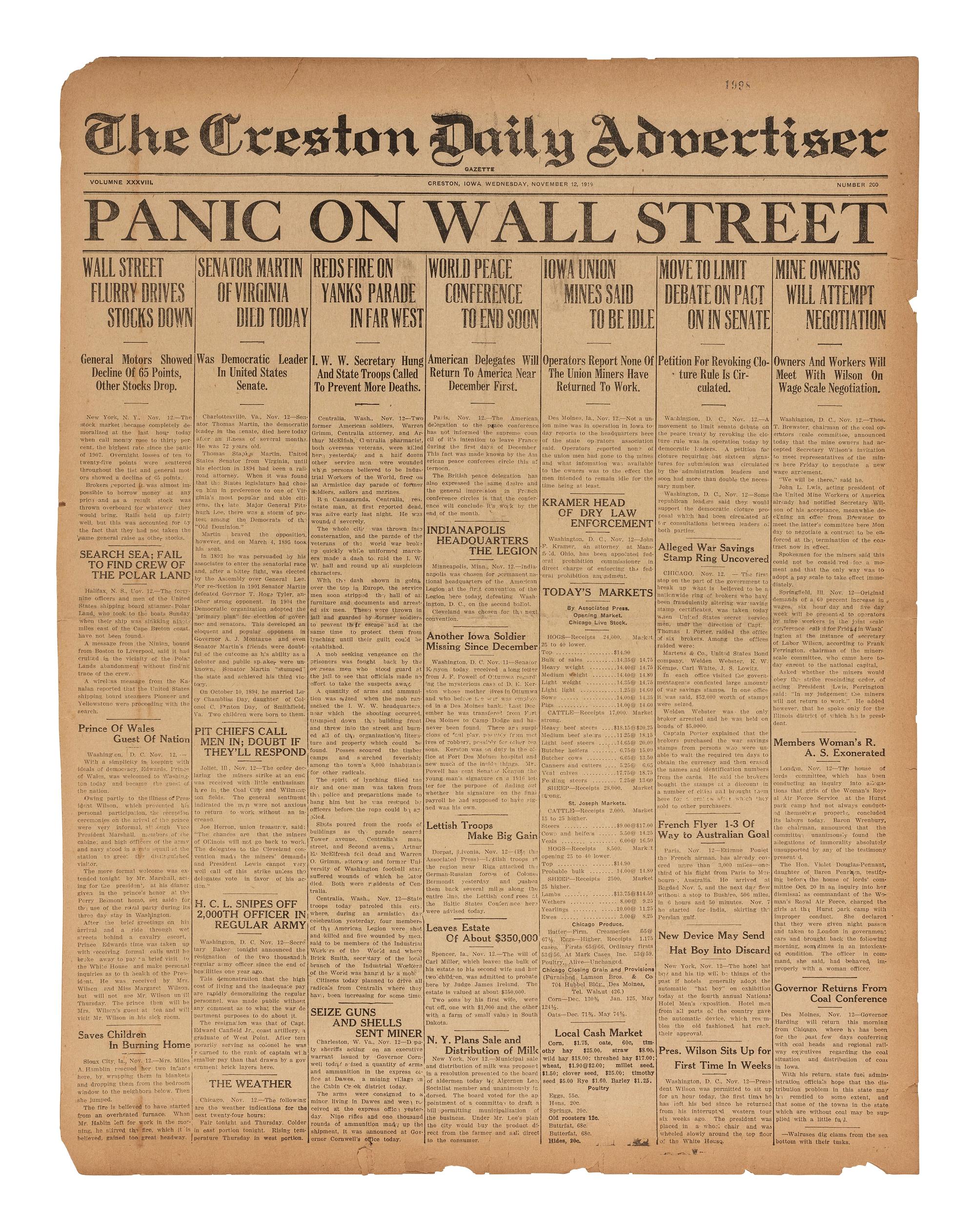 [STOCK MARKET CRASH OF 1919]. Creston Daily Advertiser . Creston, IA: 12 November 1919.