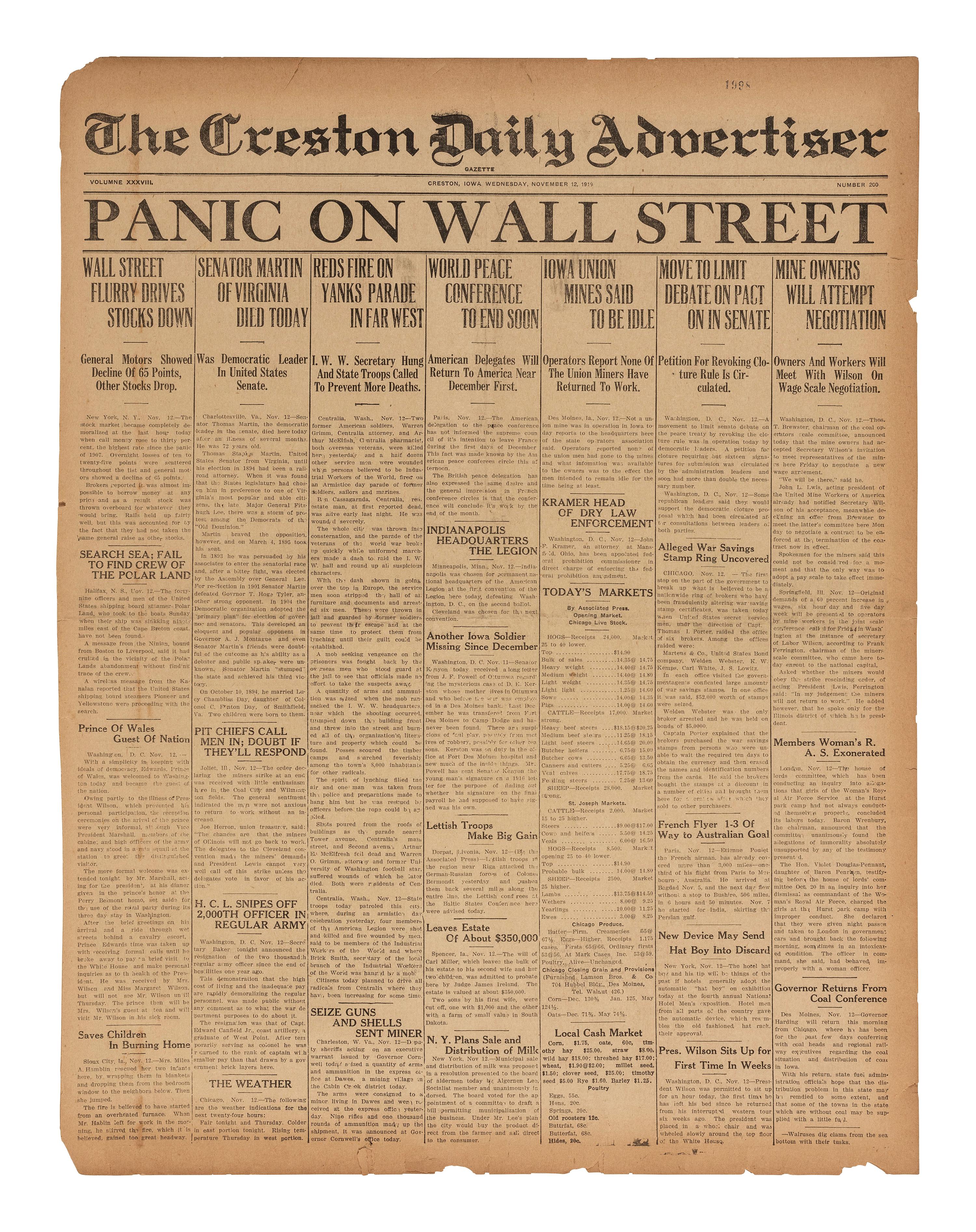 [STOCK MARKET CRASH OF 1919]. Creston Daily Advertiser . Creston, IA: 12 November 1919.