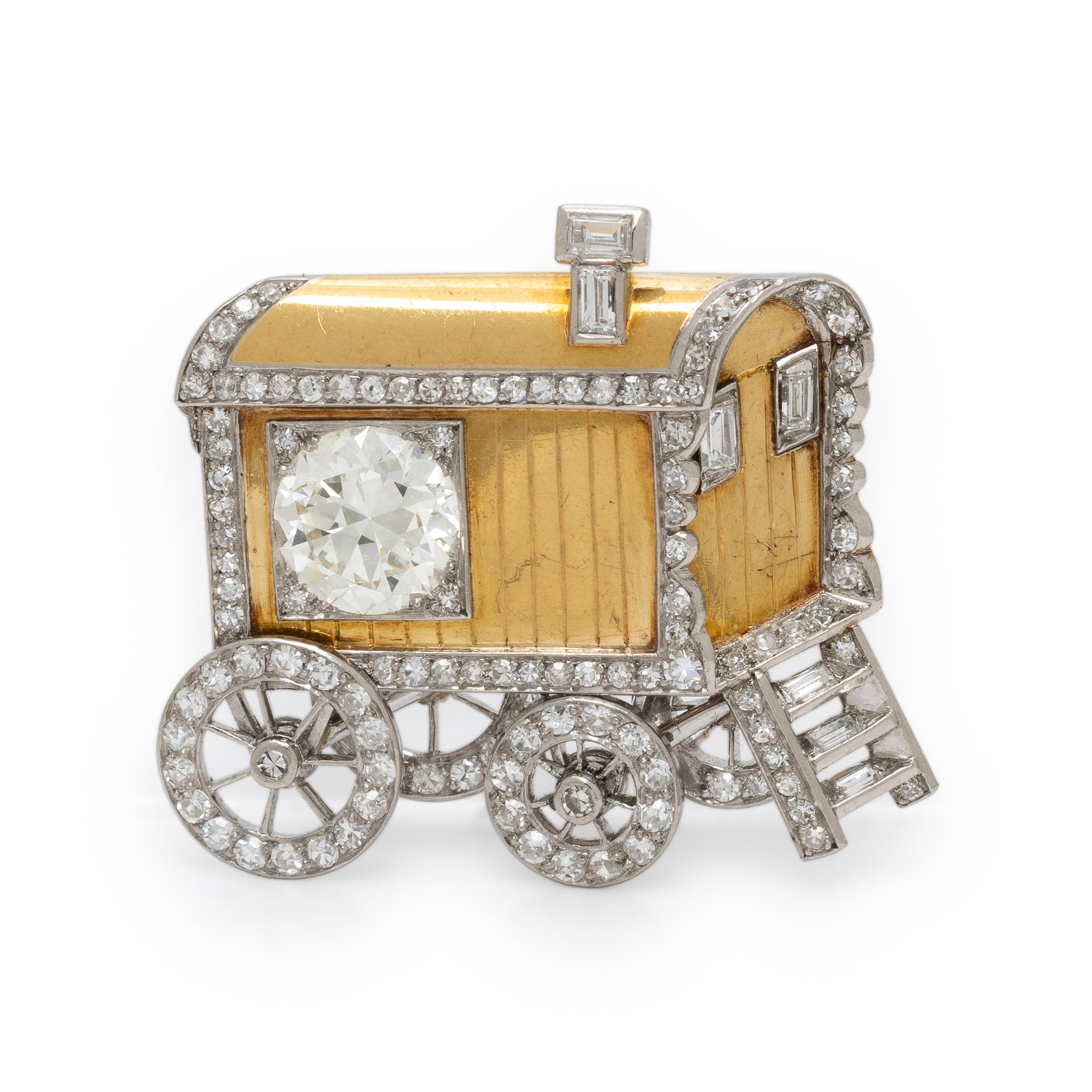 Yellow Gold, Platinum, and Diamond Caboose Brooch