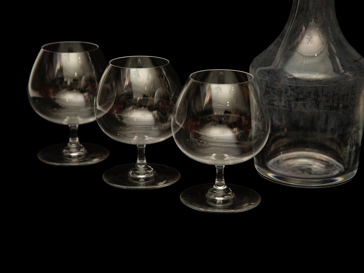 Twelve Bacarrat Degusstation Crystal Cognac Glasses and Two Perfection Whiskey Decanters — 20th Century