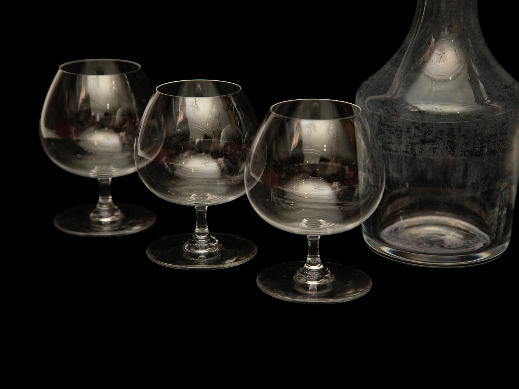 Twelve Bacarrat Degusstation Crystal Cognac Glasses and Two Perfection Whiskey Decanters — 20th Century