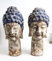 A Pair of Southeast Asian Painted Wood Heads of Buddha Height 25 inches. — POSSIBLY INDONESIAN
