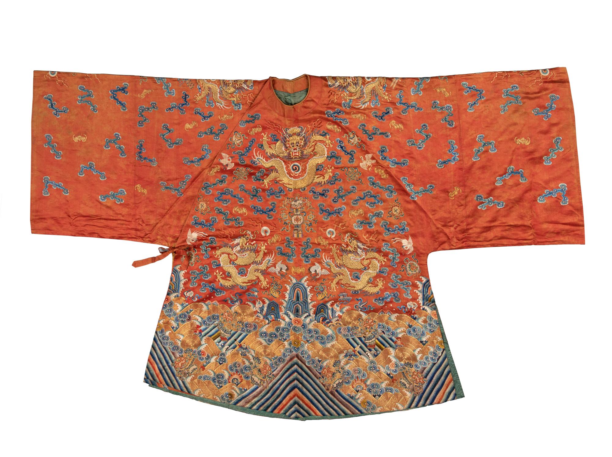 A Apricot Ground Embroidered Silk 'Dragon' Robe, Jifu