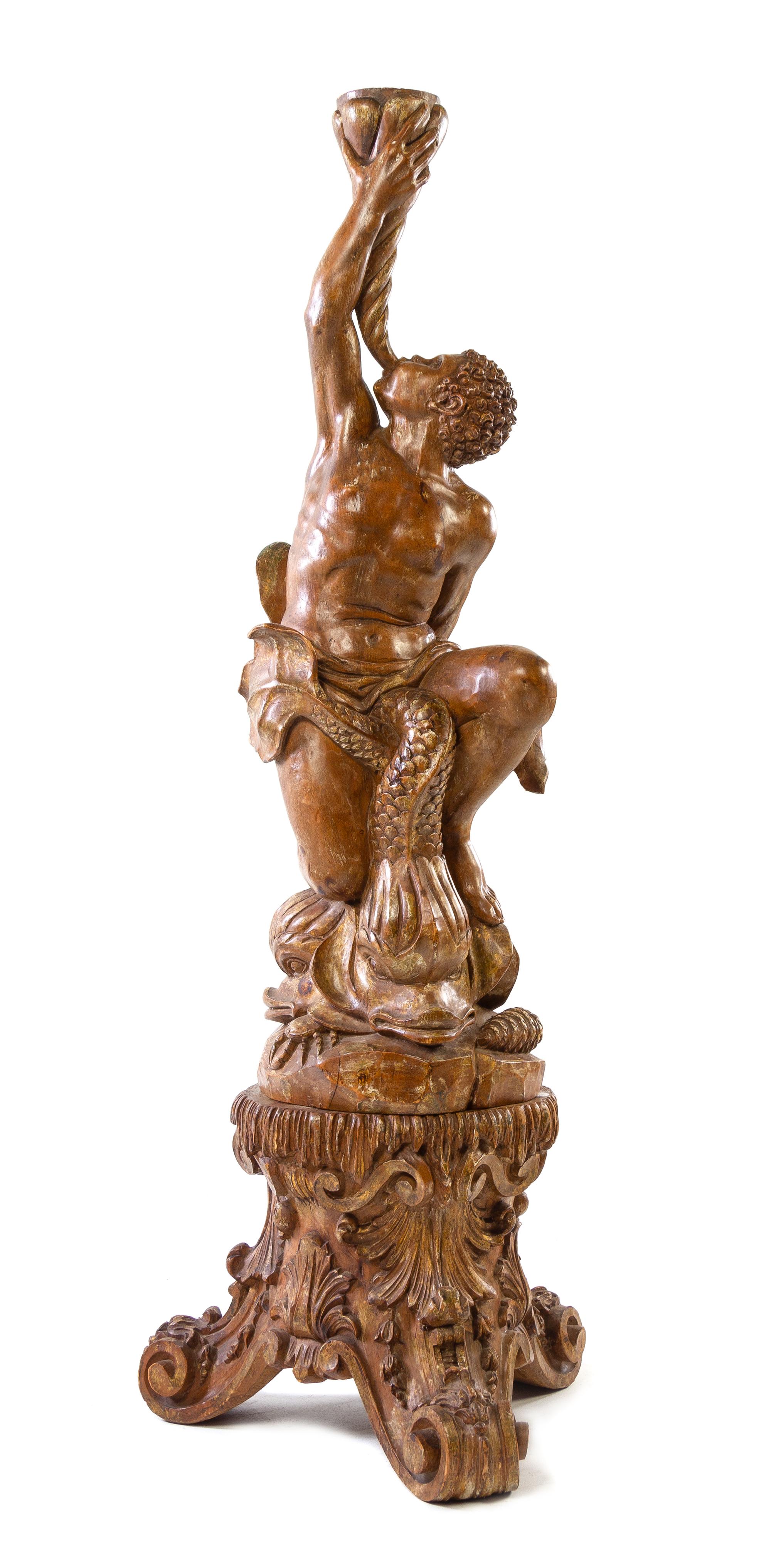 An Italian Carved and Painted Figural Wood Pedestal Height overall 59 inches. — 18TH CENTURY