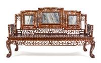 A Chinese Marble Inset and Mother-of-Pearl Inlaid Hardwood Parlor Suite Width of first 63 inches. — 20TH CENTURY