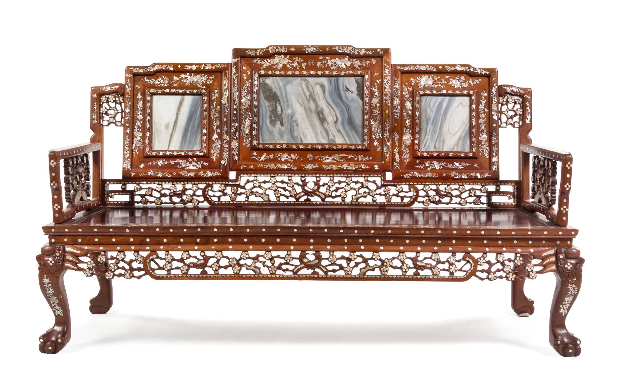 A Chinese Marble Inset and Mother-of-Pearl Inlaid Hardwood Parlor Suite Width of first 63 inches. — 20TH CENTURY