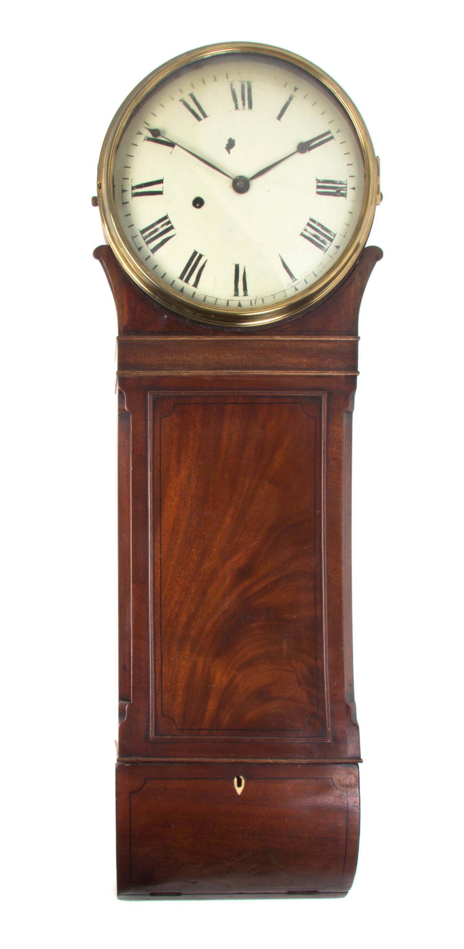 An English Mahogany Wall Clock, Height 39 inches.