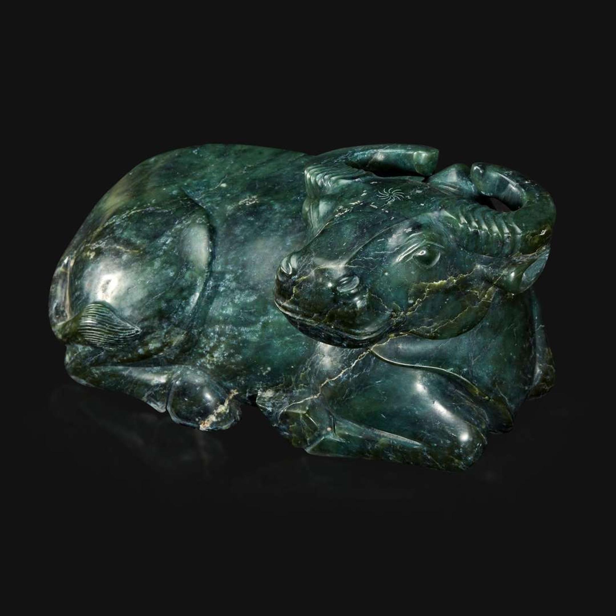 A large Chinese spinach jade recumbent water buffalo 菠菜绿玉水牛