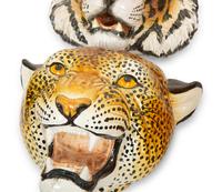 A Group of Six Italian Glazed Terracotta Feline Head Wall Mounts