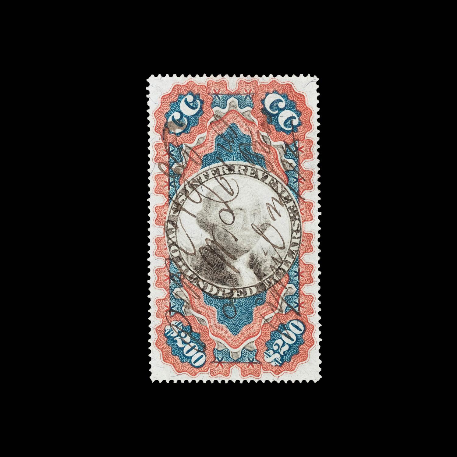 [UNITED STATES REVENUE] $200 Red, Blue & Black, Second Issue, Small Persian Rug Revenue Stamp (R132)