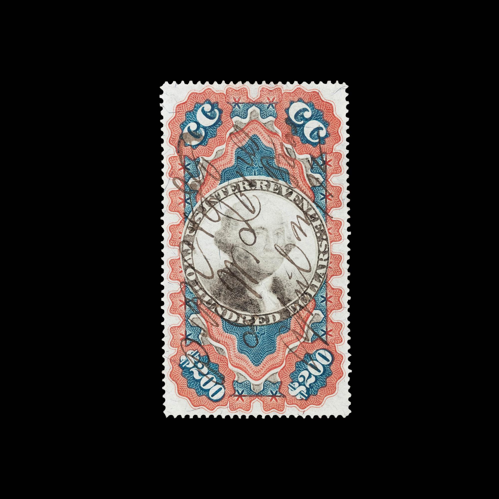 [UNITED STATES REVENUE] $200 Red, Blue & Black, Second Issue, Small Persian Rug Revenue Stamp (R132)