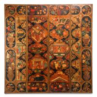 A Pair of Painted Leather Four-Panel Screens