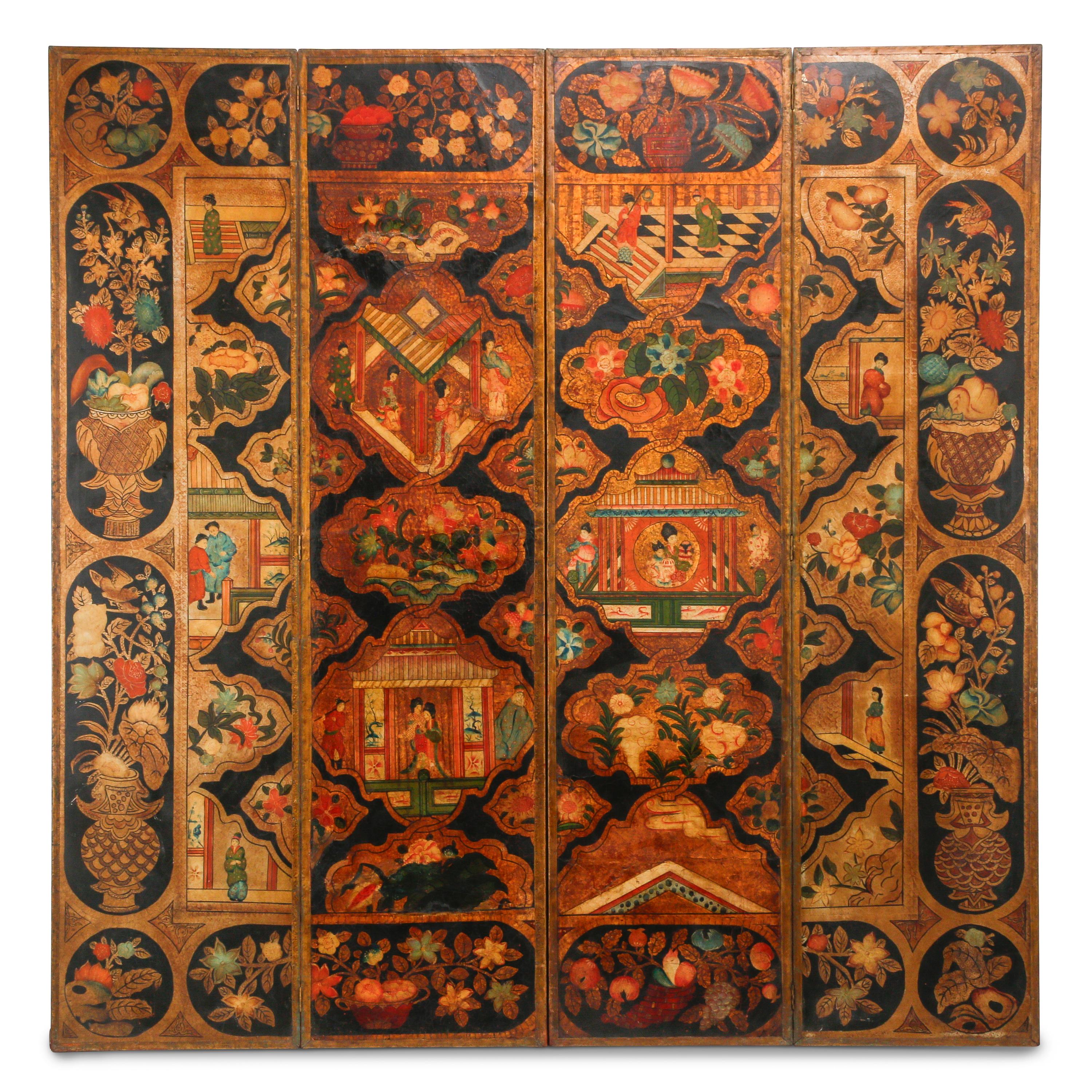 A Pair of Painted Leather Four-Panel Screens