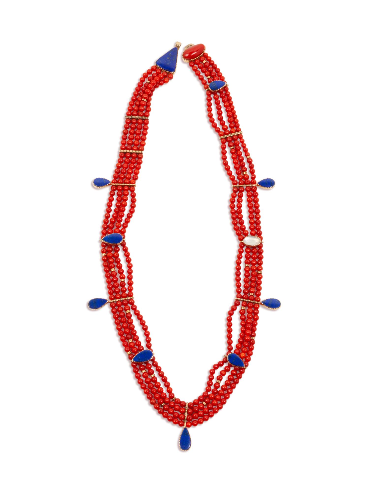 Multi-Strand Coral, Lapis, and 14k Gold Necklace
