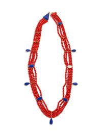 Multi-Strand Coral, Lapis, and 14k Gold Necklace