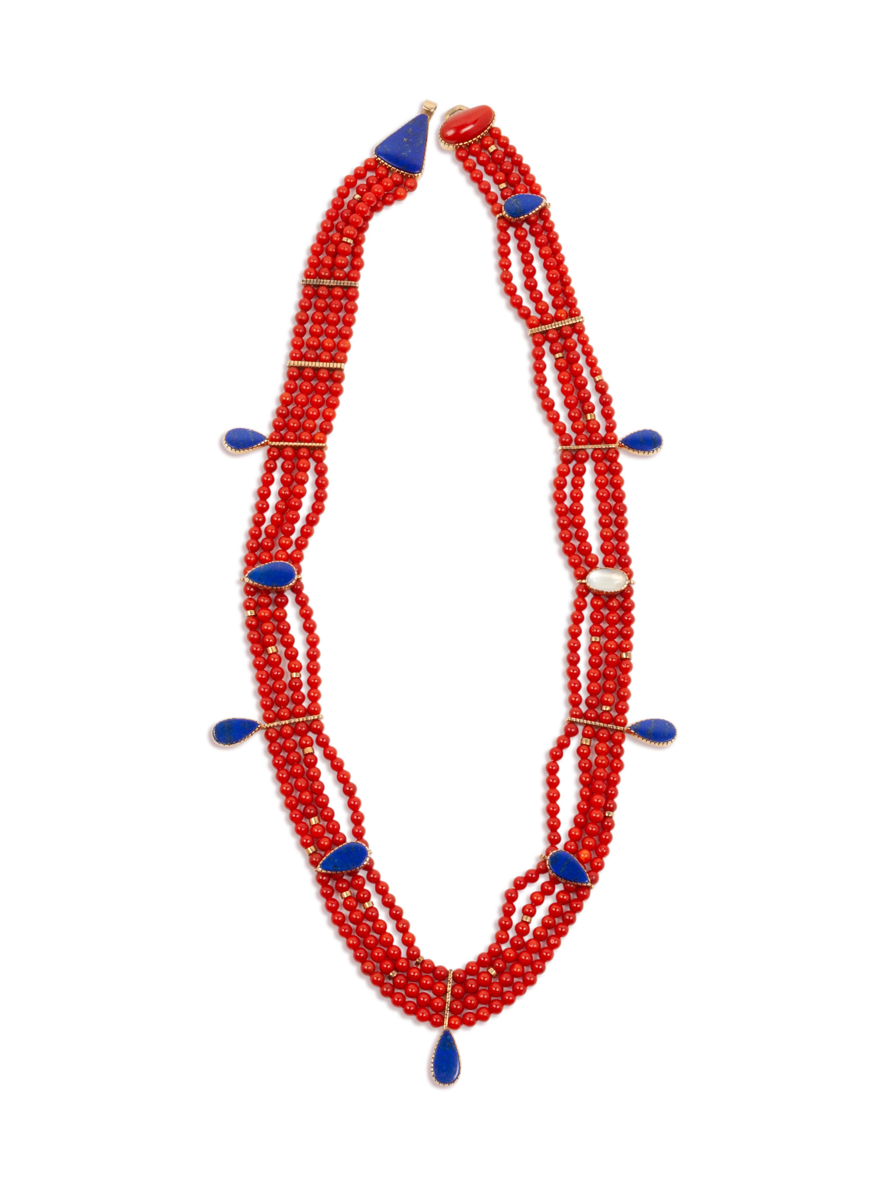 Multi-Strand Coral, Lapis, and 14k Gold Necklace