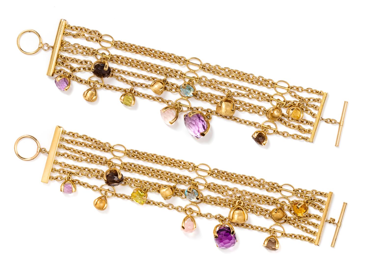 A Pair of 18 Karat Yellow Gold and Multigem 'Bonbon' Bracelets, Laura Bicego for Nanis, 48.10 dwts.