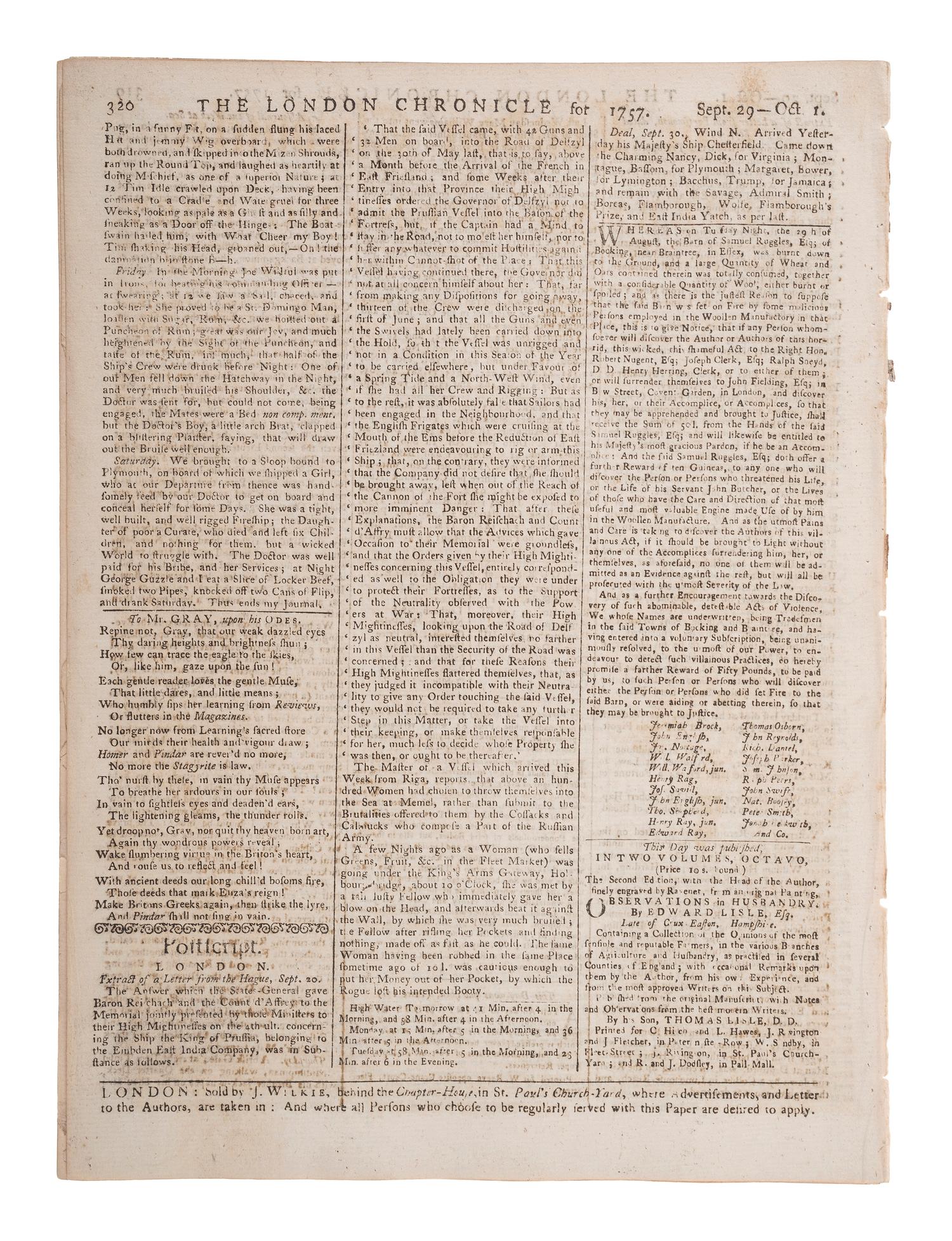 [HALLEY'S COMET]. The London Chronicle. Vol. II, Nos. 118-119. London, 1757.