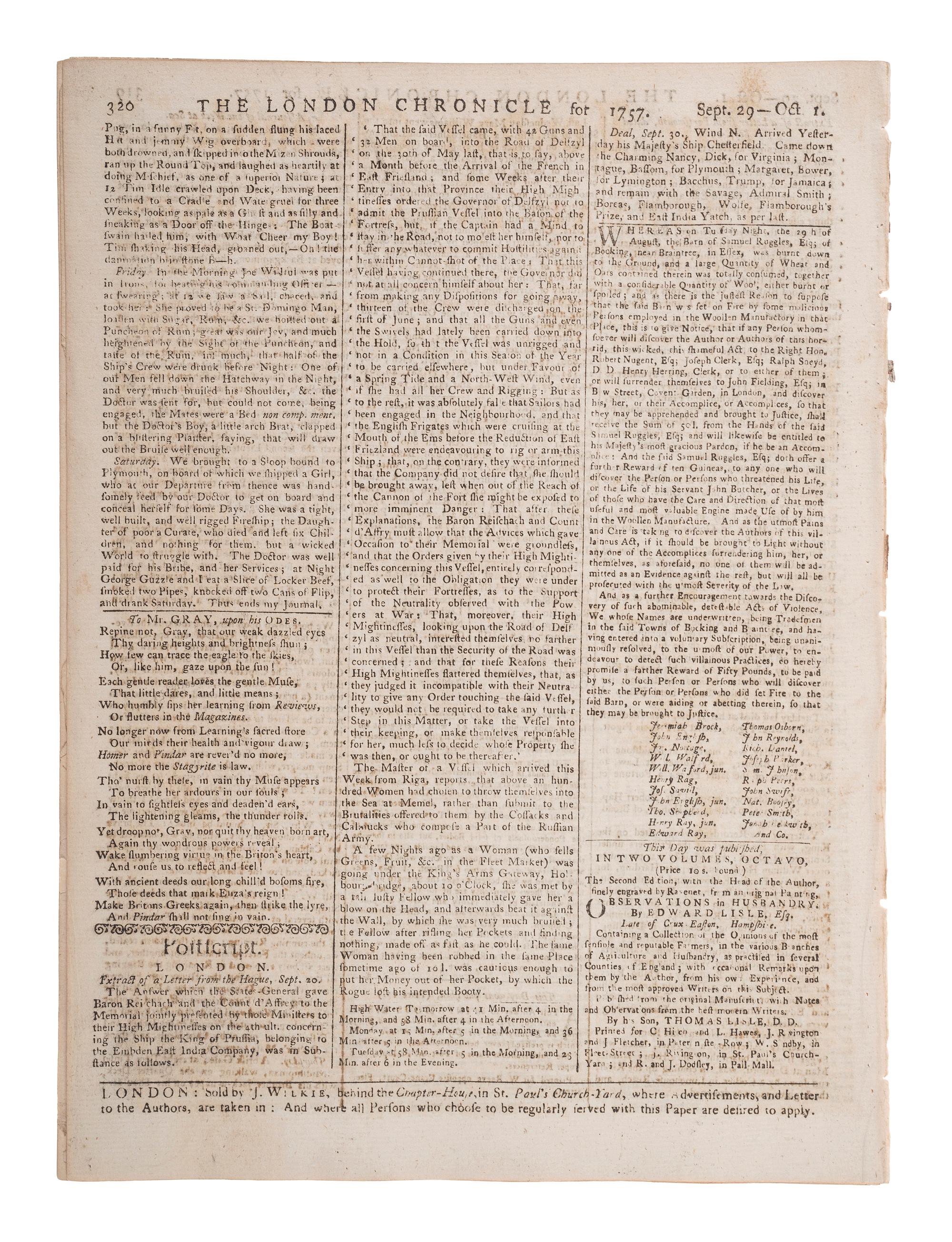 [HALLEY'S COMET]. The London Chronicle. Vol. II, Nos. 118-119. London, 1757.