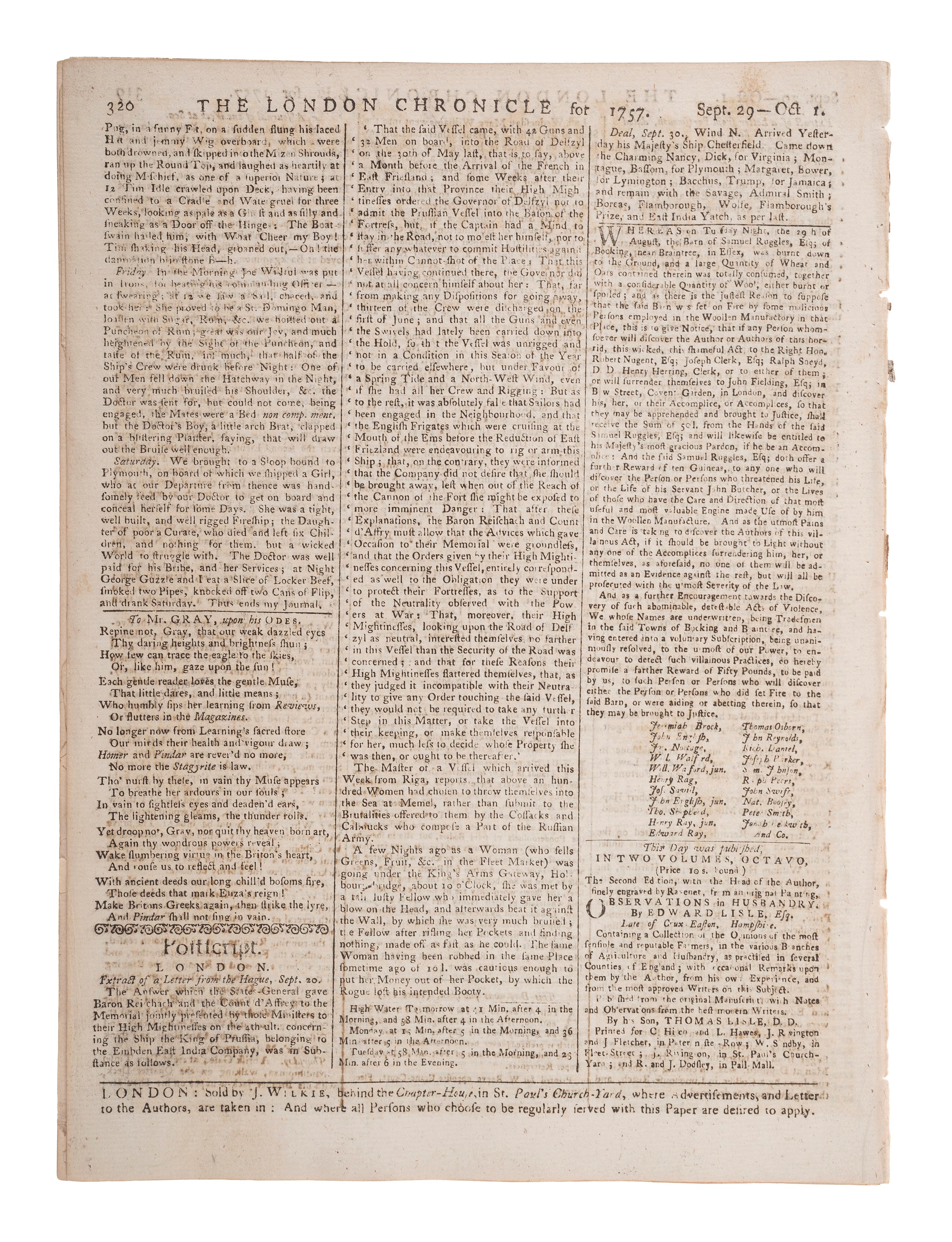 [HALLEY'S COMET]. The London Chronicle. Vol. II, Nos. 118-119. London, 1757.