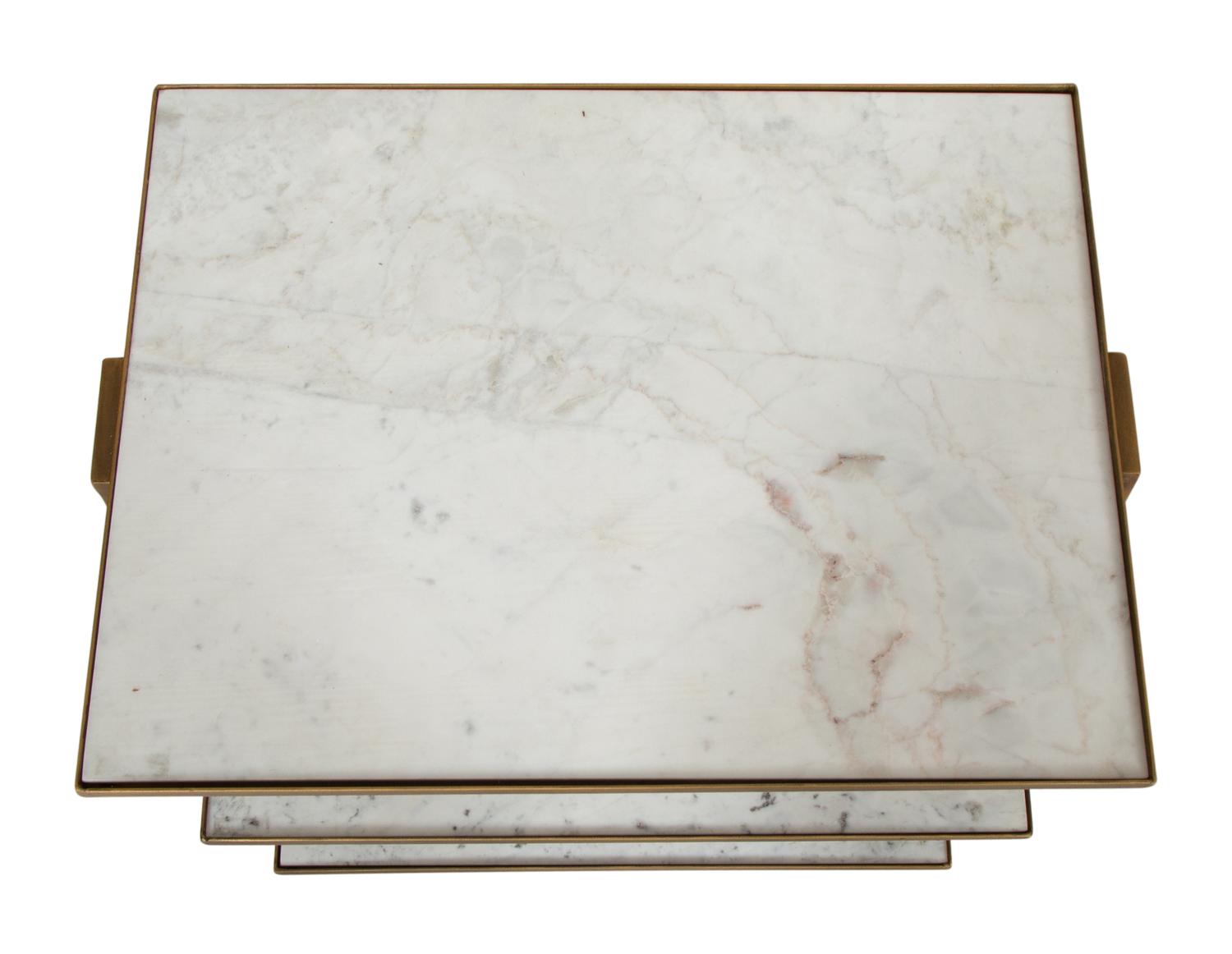 A Pair of Three Tier Marble and Brass Side Tables by Wisteria
