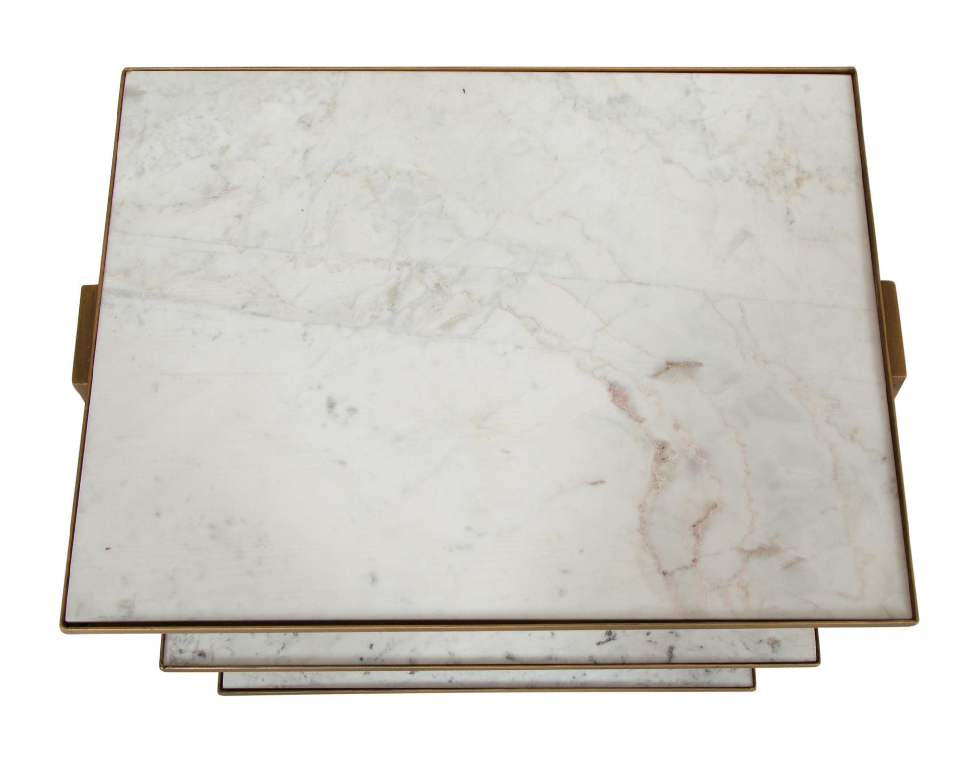 A Pair of Three Tier Marble and Brass Side Tables by Wisteria